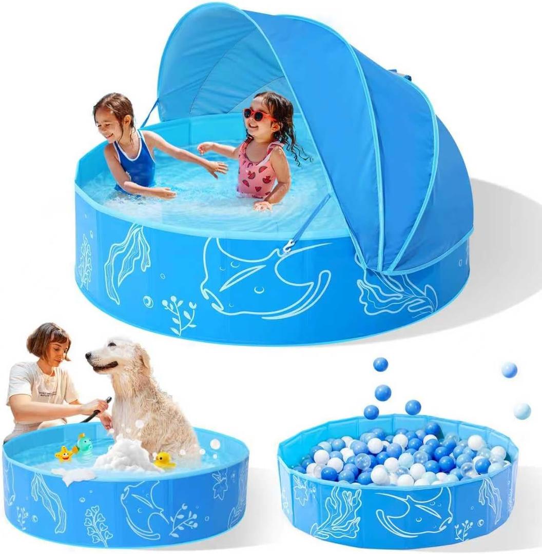 Hikiddy Foldable Kiddie Pool with Canopy: 31.5in/ 47in /63in for Baby Toddler Kids Family - Summer Water Play Pool with Shade - Portable for Outdoor Backyard Beach (Blue-Blue, 47in)