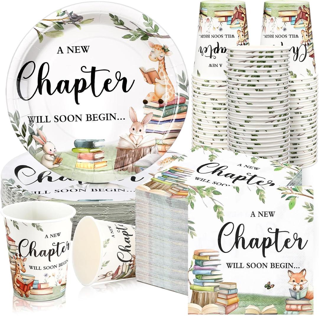 Hushee 200 Pcs Storybook Baby Shower Decorations Supplies A New Chapter Will Soon Begin Book Baby Shower Paper Plates Napkins Cups Library Reading Book Club Tableware Set for 50 Guest