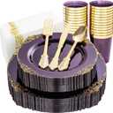 Nervure 175PCS Clear Purple Plastic Plates - Purple Party Plates Set for 25 Guests Include 25Dinner Plate, 25Dessert Plate, 25Cups, 75 Cutlery, 25Napkins Perfect for Wedding, Party & Bridal