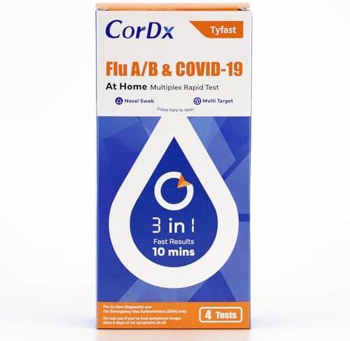 CorDx TyFast at Home Flu A/B & COVID-19 Multiplex Rapid Test Kit, Easy, Accurate, Fast Results in 10 Minutes, 3 in 1 Combo Kit, 4 Tests