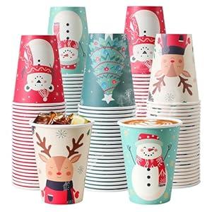 Huifany 100 Pack 12 Oz Christmas Coffee Cups, Holiday Disposable Paper Cups with 4 Xmas Designs for Hot Cocoa, Hot Chocolate, Cold Beverage
