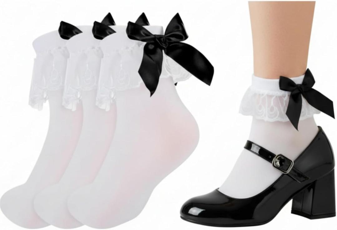 3 Pairs Women's White Ruffled Lace Frilly Anklet Socks White Bobby Socks with Retro Black Back Bow for Skirts (White)