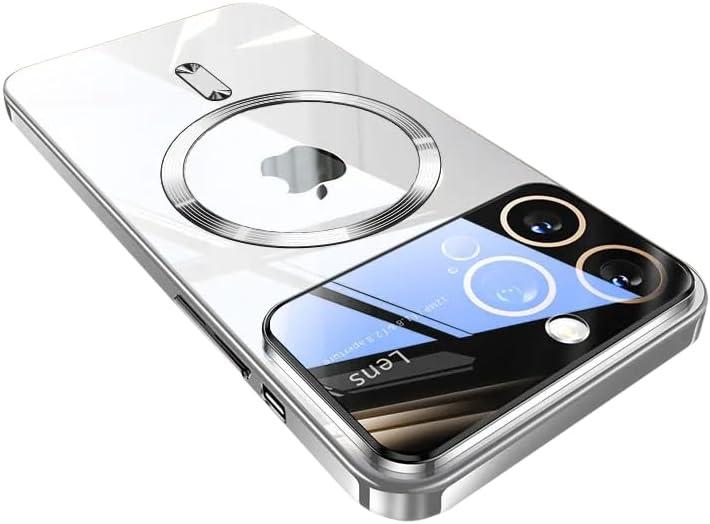 Magnetic Designed for iPhone 15 Pro Max Case,[Compatible with MagSafe][Military Drop &Full Camera Lens Protector Cover],Electroplated Large Window Clear Protection Shockproof Cover,Silver