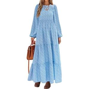 PRETTYGARDEN Women's Fall Dresses 2025 Long Sleeve Flowy Casual Floral Maxi Dress Crew Neck Smocked Tiered Long Dress, S