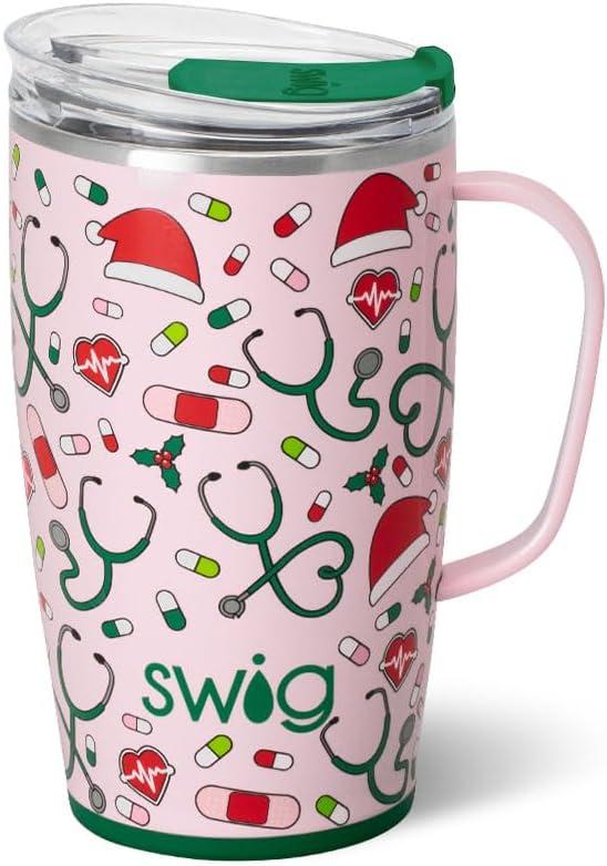 Swig Life 18oz Travel Mug, Insulated Tumbler with Handle and Lid, Travel Coffee Mug, Cup Holder Friendly, Stainless Steel 18 oz Tumbler, Reusable Insulated with Lid (Santa's Scrubs)
