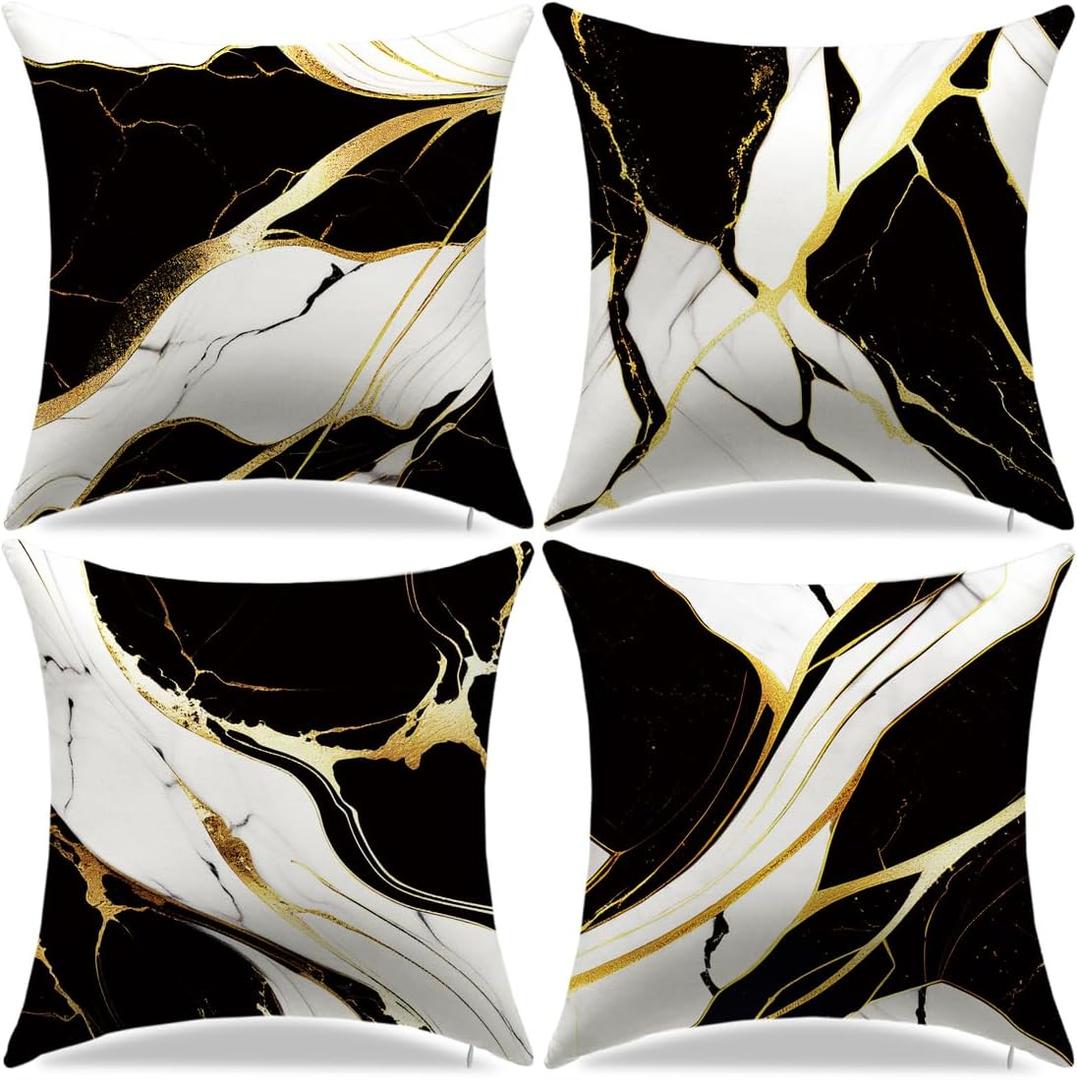 Throw Pillow Covers Set of 4, 18x18 Inch, Abstract Black White with Gold Accent Decorative Pillow Cases for Couch Sofa Living Room Bedroom Home Decor