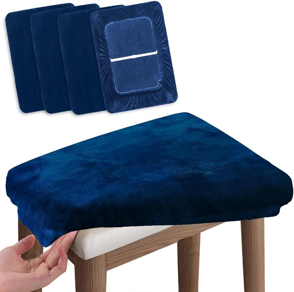 SINOSSO Vanity Stool Covers Set of 4, Super Soft Velvet Stretch Washable Saddle Bar Stool Slipcover Bench Seat Protector, (Rectangle, Navy Blue, 4 Counts)