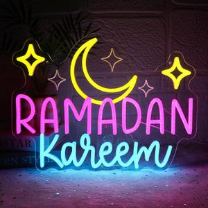 Ramadan Kareem Neon Sign for Wall Decor Dimmable Moon Stars Shape Led Sign for Islamic Eid Neon Light for Muslim Holiday Decoration Holy Celebration Decor Home Party Supplies