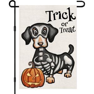 10 x Halloween Trick or Treat Garden Flag Ghost Dog 12x18 Inch Small Double Sided Burlap Welcome Yard Dachshund Skeleton Outside Decorations DF342