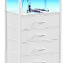 Furnulem White Nightstand with Charging Station, Night Stand Side Table with Led Light, Tall Dresser for Bedroom with 4 Fabric Storage Drawers, Metal Frame, Wood Shelf(White)