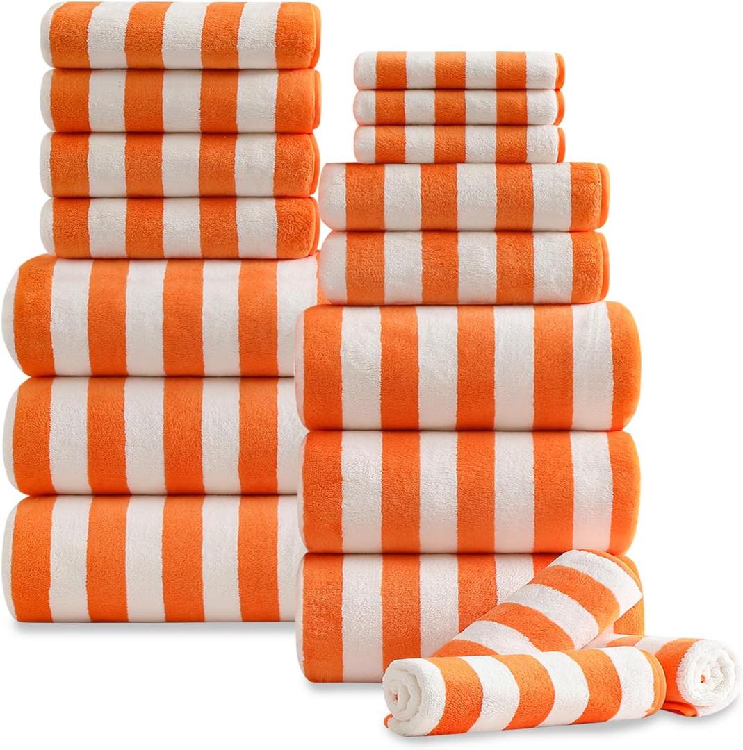 18 Pcs Orange Cabana Stripe Family Towels Set with Hanging Loop-6 Bath Sheets,6 Hand Towels,6 Washcloths Ultra Soft Bathroom Towel Highly Absorbent Quick Dry Shower Towel for Beach Chair,Spa,Gym,Hotel
