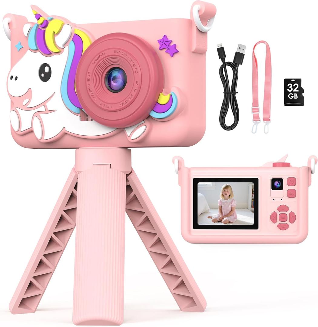 Kids Camera for Girls with Tripod & 32GB Card, 1080P HD Toddler Digital Video Camera, Portable Travel Toy Best Birthday Festival Gifts for Girl 3-10 Year Old (Pink)