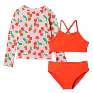 Amazon Essentials Girls' Long sleeve Rash Guard three-piece bikini swim Set, Strawberries/Tomato Red, X-Large