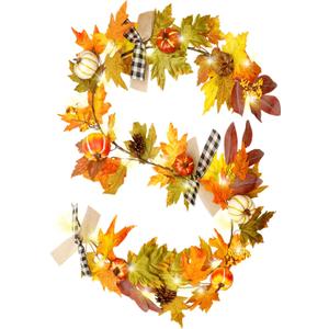 Fall Garland with Lights,6ft Autumn Garland for Mantle Thanksgiving Dinner Fireplace Door Doorway Backdrop Decor (Thin Rattan, 6FT)