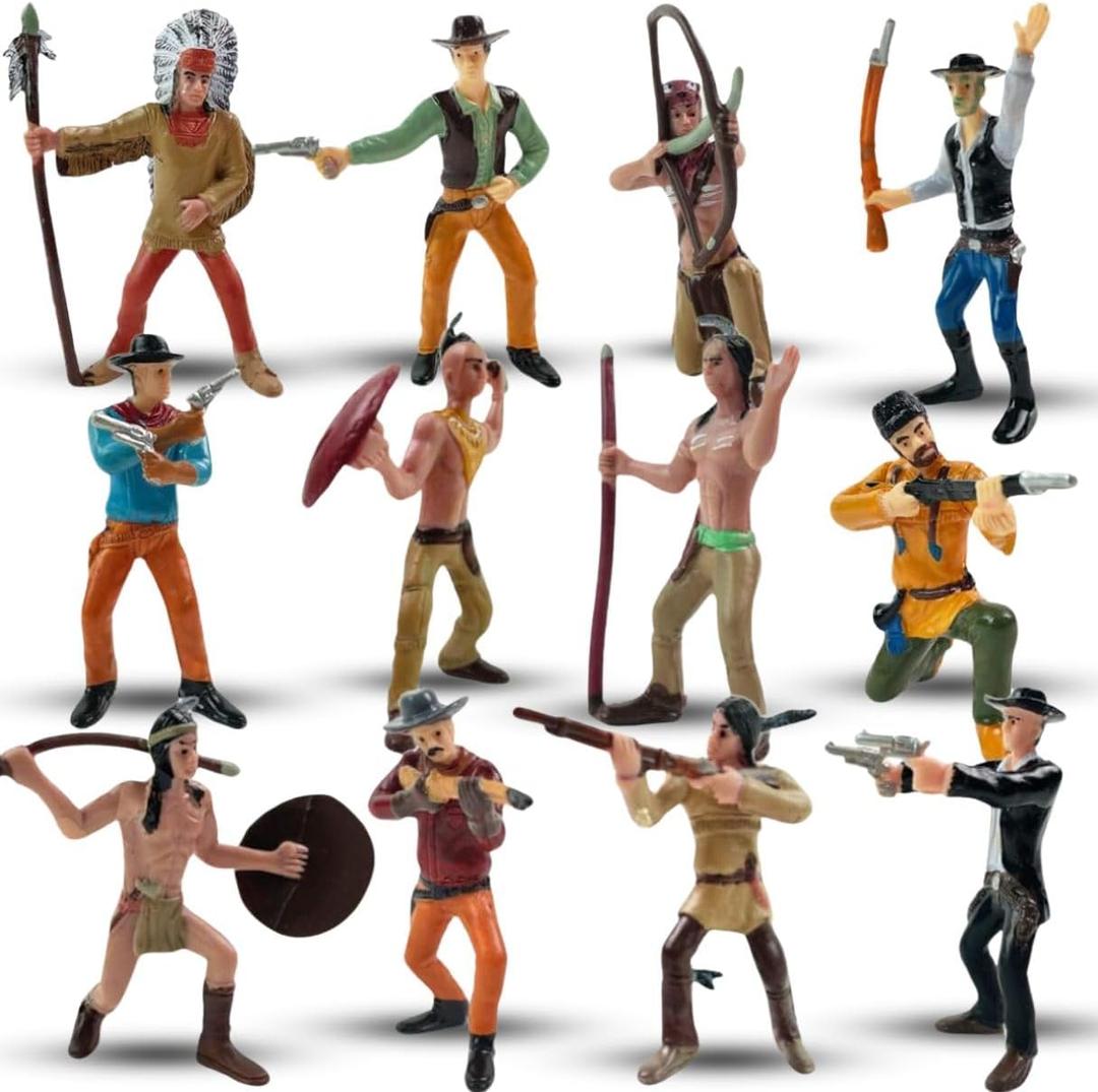 Liberty Imports 12 PCS Cowboy and Indian Figures, Mini Wild West and Native American Toy Figurines with Realistic Details, Western Cake Toppers, Party Favors for Kids