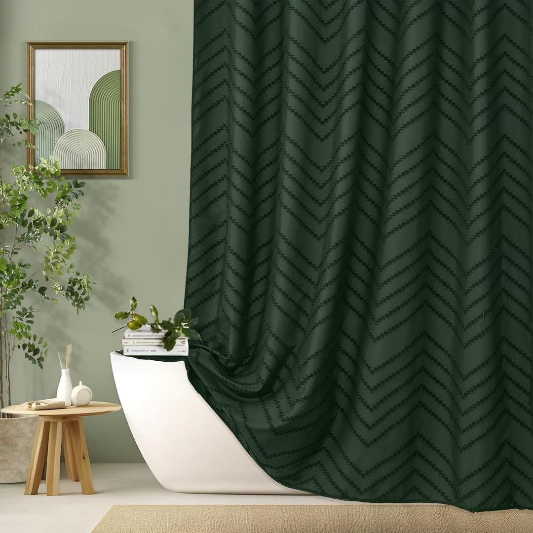 78inch Extra Long Dark Green Boho Shower Curtain Woven Fabric Shower Curtain Tufted Chervon Textured Shower Curtains Modern Minimalist Shower Curtains for Bathroom