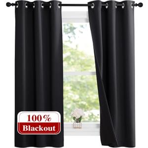 NICETOWN Complete 100% Blackout Curtain Set, Thermal Insulated & Energy Efficiency Window Draperies with Black Liner, Noise Reducing Short Curtains for Kids Room (Black, 37"W by 63"L, Double Panels)
