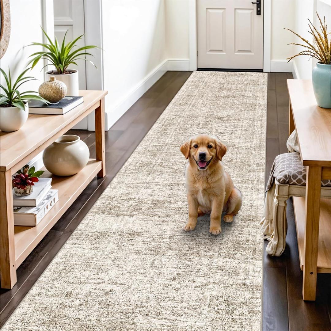 3x12 Washable Runner Rug: 12ft Runners for Hallways Soft Non Slip Kitchen Rugs for Bedroom Bathroom Entryway - Stain Resistant Vintage Distressed Carpet (Beige/Ivory, 3X12)