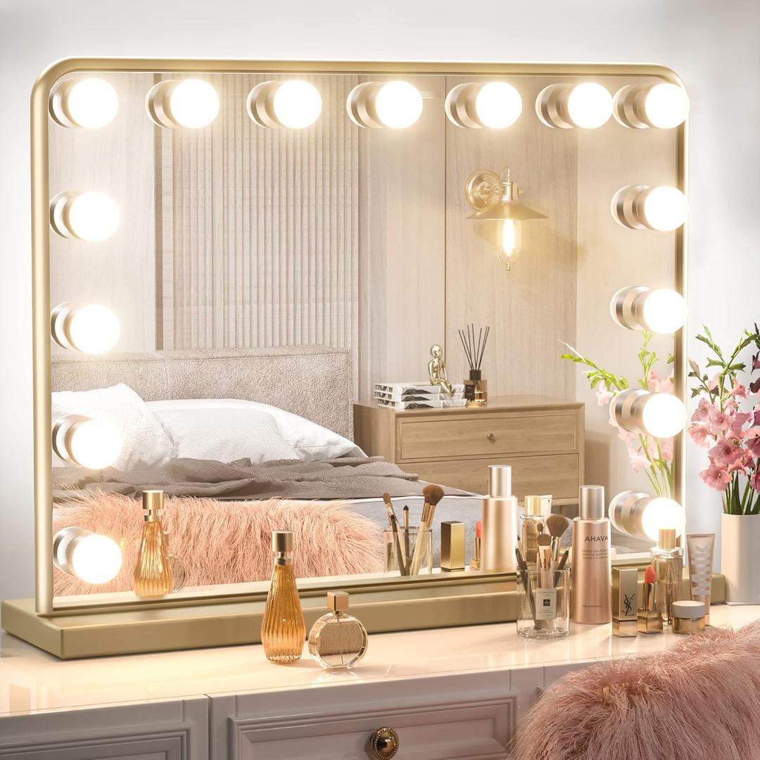 Keonjinn Gold Vanity Mirror with Lights, 15 Replaceable Bulbs Hollywood Makeup Mirror with 2 Replacement Bulbs, 3 Color Lights, Aluminum Metal Frame, USB Charging Port, 23" x 18" Large Lighted Mirror (18"L x 23"W, Gold)