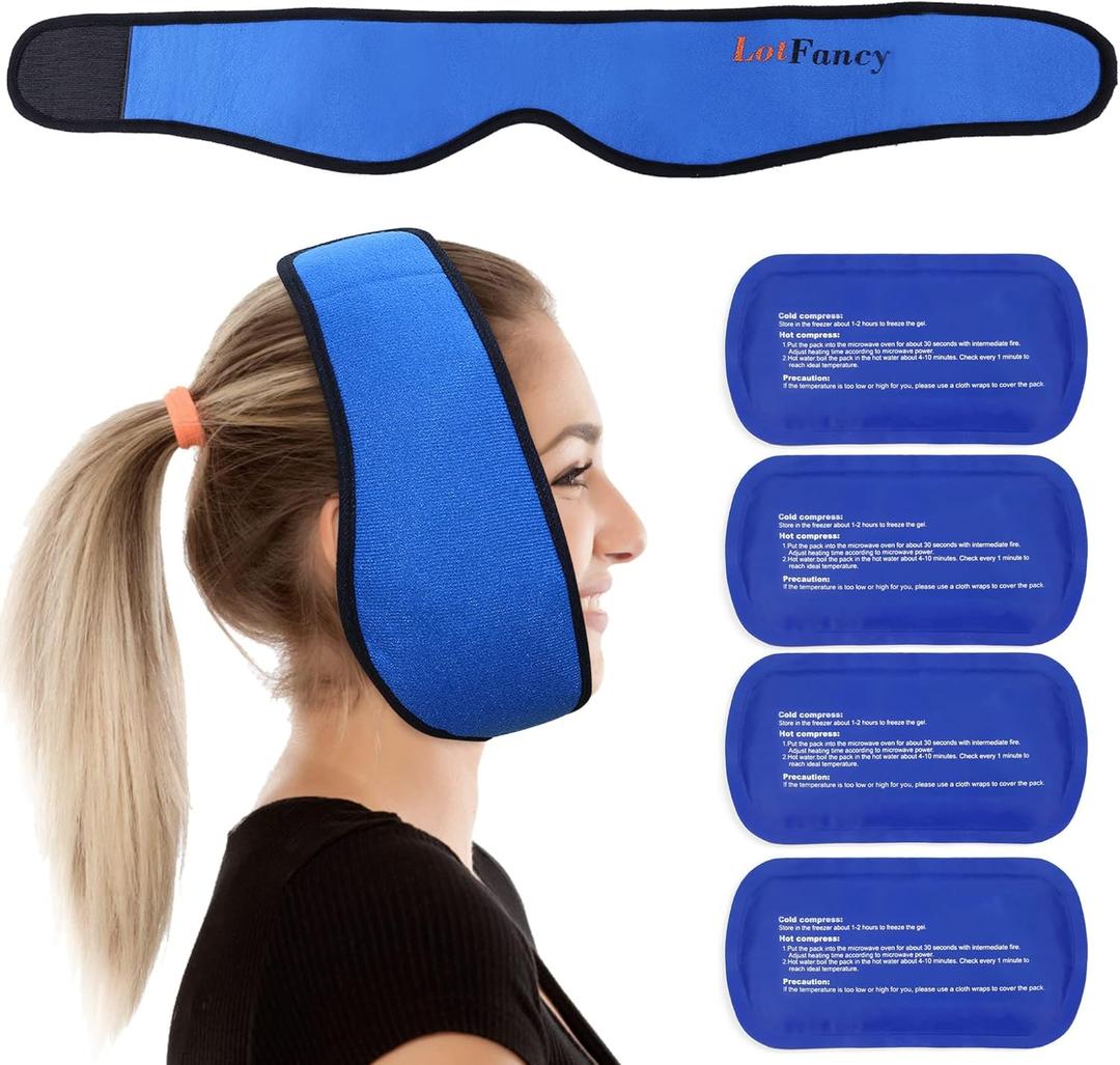 LotFancy Face Ice Pack Wrap for TMJ, Wisdom Teeth, with 4 Reusable Hot Cold Therapy Gel Packs, Pain Relief for Head, Oral and Facial Surgery, Dental Implants, Blue (Blue(One Size Fits Most))