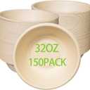 32oz Disposable Salad Bowls 150Pack, Big Paper Bowls, Large, Heavy-Duty, Eco-Friendly, Bulk Pack, Compostable Bowls, Biodegradable Made of Sugar Cane Fibers,Perfect For Salad
