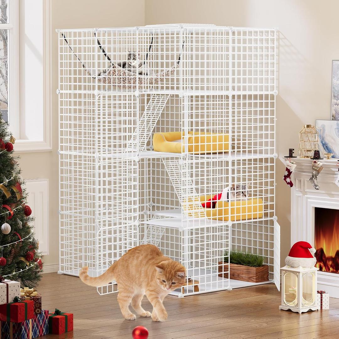 YITAHOME Large Indoor Cat Crate, 4 Tier Wire Run with 4 Doors, 3 Ladders, Cat Playpen with Large Hammock, Pet Cages for 1-3 Cats, Rabbit, White, 107x72