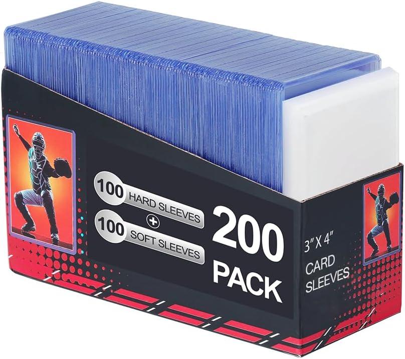 200 Card Sleeves Clear Loads for Cards,3"X4" Baseball Card Protectors,Premium Sleeves for Cards,Hard Plastic Card Holder for Trading Sports Football Game Cards (100 Hard Sleeves+100 Penny Sleeves)