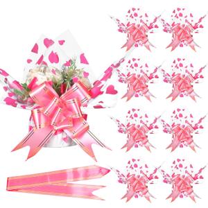 ForraFun 50 Set Valentine Plant Pot Covers Heart Cellophane Wrap Paper Sheets with 15 Bow Decorative Plant Sleeve for Home Flower Pot DIY Decor (Pink)