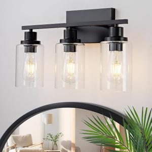 3 Light Bathroom Light Fixtures Black Vanity Light Over Mirror Modern Farmhouse Wall Lighting Sconces Rustic Industrial Wall Lamp for Bathroom, Bedroom, Living Room E26 Socket with Glass Shade, Black