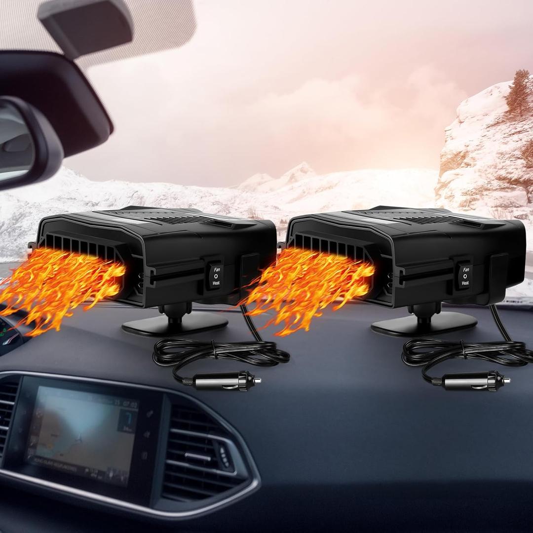 Baquler 2 Pcs 12v 150w Car Heater for Vehicle Plugs into Cigarette Lighter with 360 Rotatable Base, 2 in 1 Portable Winter Windshield Defroster Electric Defogger Warmer for Car Suv Universal(Black)
