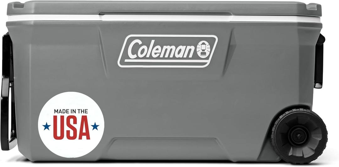 Coleman Classic Series Insulated Portable Wheeled Cooler, Leak-Resistant Outdoor Hard Cooler Keeps Ice up to 5 Days, 100-Quart (Rock Grey)