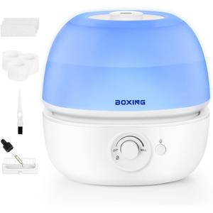 BOXING 3L Cool Mist Humidifier, Ultra Quiet 20dB for Bedroom, Baby & Office, Top Fill Air Humidifier for Home Office & Indoor Plants, 30H Runtime, Essential Oil Tray, Night Light, BPA-Free, White