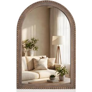 Vercraft 36" x 24" Arched Wall Mirror Wooden Arch Farmhouse Mirror with Wooden Beaded Frame Rustic Wall Decor for Entryway, Bathroom & Living Room