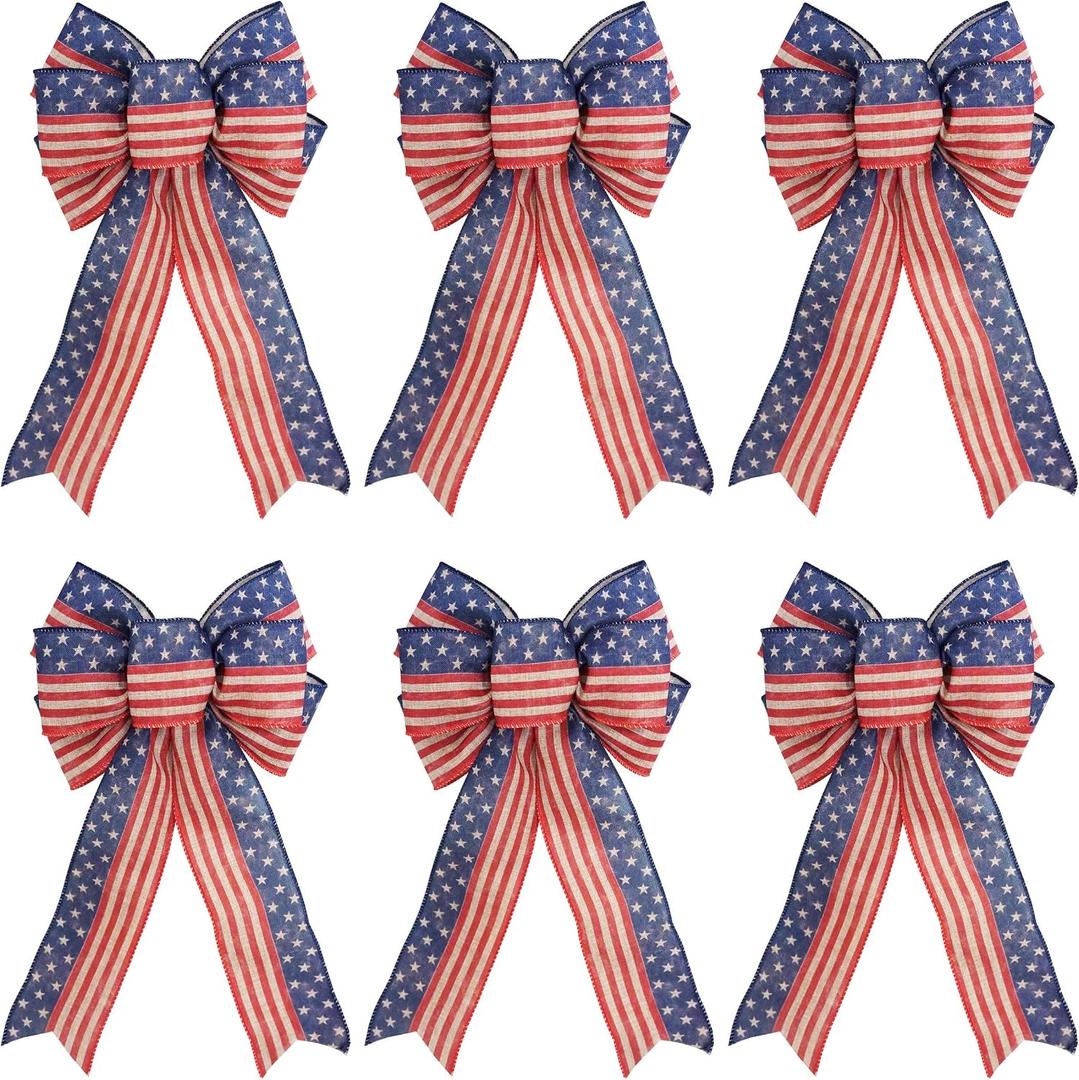 6 pcs Patriotic Bow for Wreath, Bow 4th July Decorations, Memorial Day Red Beige and Blue Star Bow (8x12.5 inches)