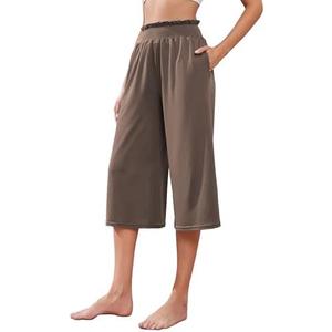 iChunhua Wide Leg Capri Yoga Pants for Women Loose Summer Ruffles High Rise Cropped Bottom with Pockets Size L