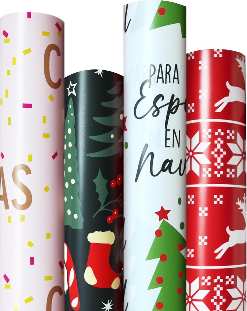4 Rolls Christmas Wrapping Paper Rolls, 17 Inch x 16.5 Feet per Roll, Totaling 94 sq. ft.  Reindeer, Tree, Snowflake & Pink Letter Designs, Eco-Friendly & Durable Gift Wrap for Christmas Presents and Holiday Decorations (Colorful)