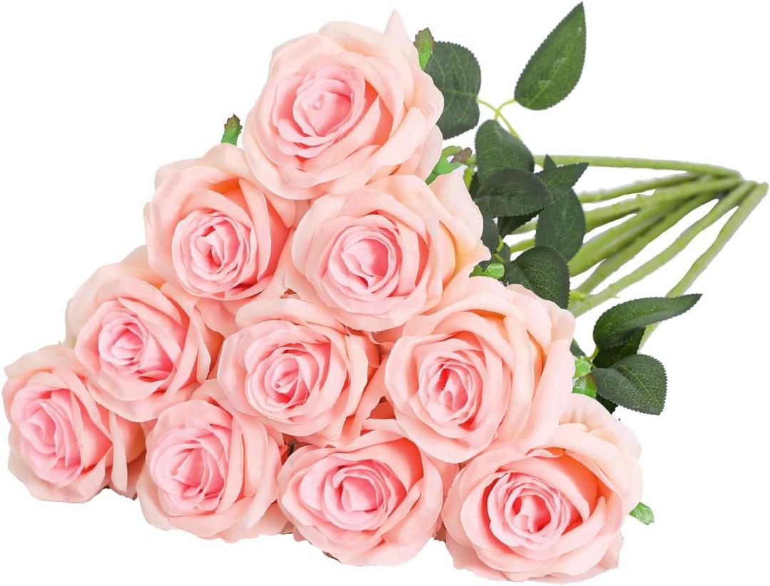Nubry Artificial Silk Rose Flower Bouquet Lifelike Fake Rose for Wedding Home Party Decoration Event Gift 10pcs (Light Pink)