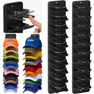 Spring Clip Hat Organizer for Baseball Caps  2 Pack, Wall Hat Rack for Door & Closet  Keeps 20 Hats Tidy in Entryway, Dorm, Bedroom  Multi-Layer Cap Storage (Adhesive or Screws) (BLACK)