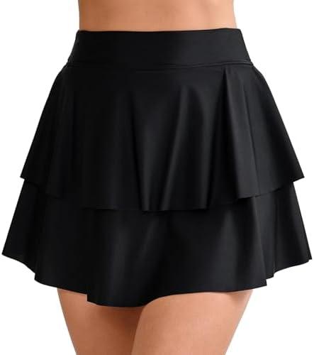Halcurt Women's High Waisted Double Ruffle Swim Skirt with Shorts Tummy Control Swimsuit Bottoms Size 2XL