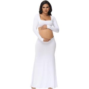 Maternity Dress for Photoshoot Solid Cut Out Backless Long Sleeve Maxi Photography Pregnancy Dress for Women (White, S)