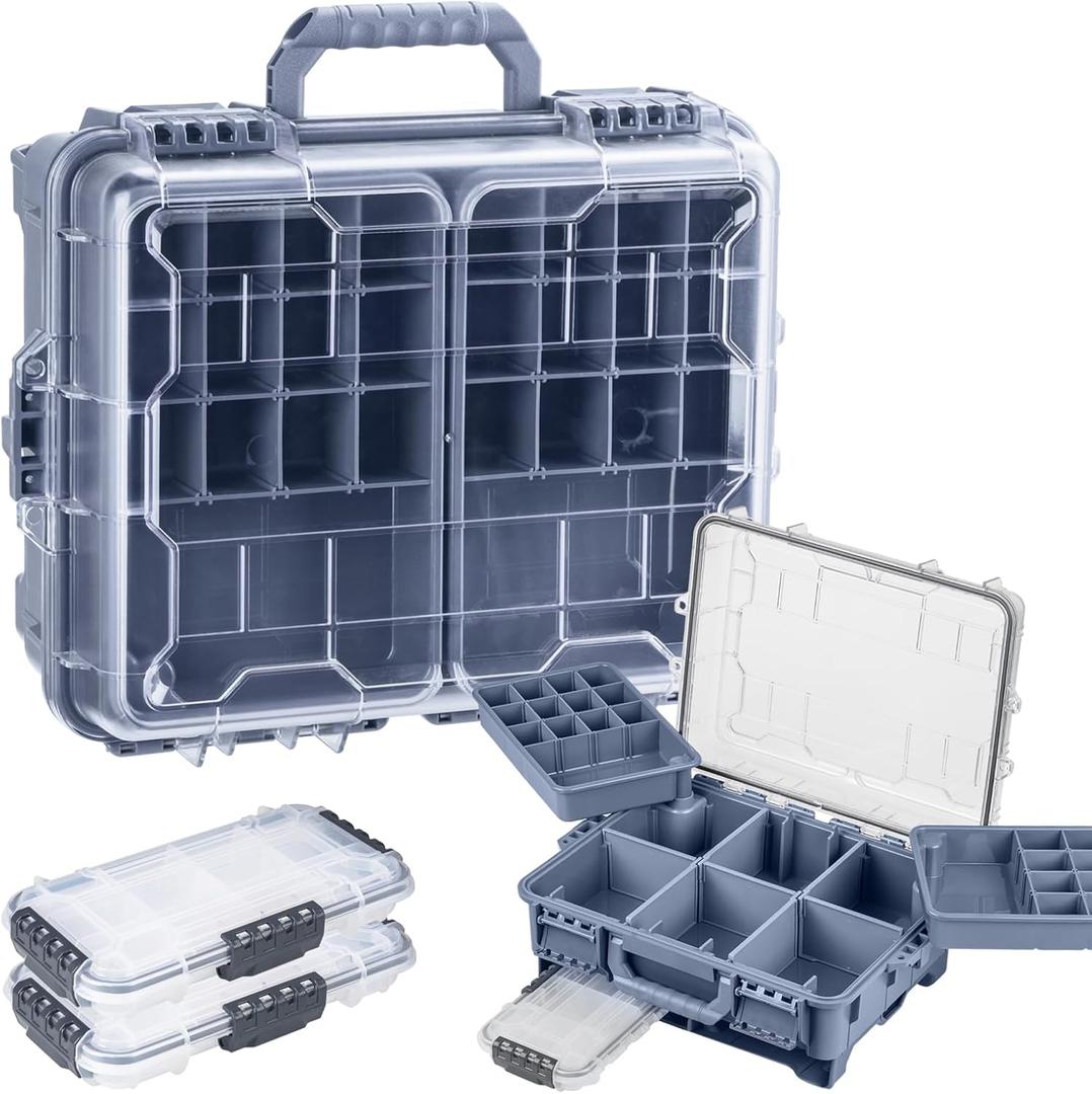 THKFISH Waterproof Tackle Box, Portable Fishing & Tackle Storage Box with Two 3500 Stowaway Boxes and Removable Dividers, Premium Tackle Box, Thicker Floating Airtight Stowaway,Pink/Green/Blue/Grey