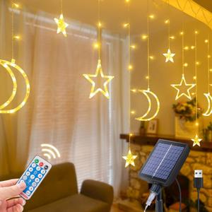 Ramadan Solar Icicle Lights,10.8ft 138 LED Outdoor Waterproof Moons Stars Curtain Window String with 8 Modes Timer Remote,USB Rechargeable Connectable Warm White Hanging Decor for Patio