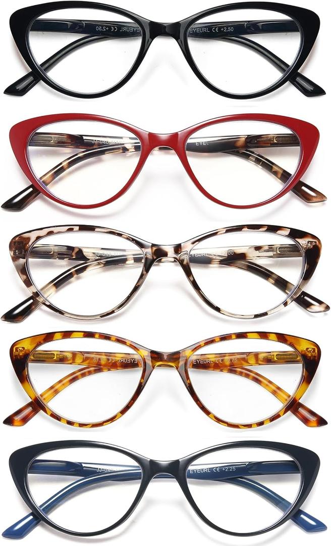 EYEURL 5 Pack-Reading Glasses for Women Fashion Cat Eye Reading Glasses Blue Light Blocking Computer Readers with Spring Hinges Cat Eye Eyeglasses 2.5