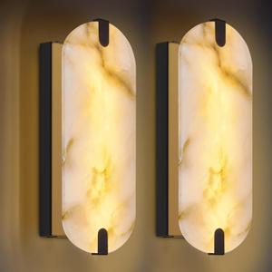 14.17in Alabaster Wall Sconces, Natural Marble Wall Light Set of Two, Modern LED Alabaster Sconces for Living Room Indoor Wall Lamps for Dining Room Stairs Bedroom,Black (2 Pack)