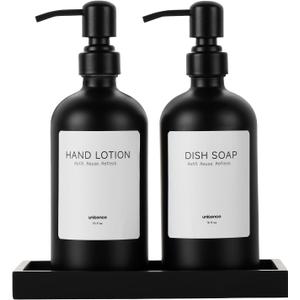 2 Packs Glass Soap Dispenser Set for Kitchen, Hand and Dish Soap Dispenser with Stainless Steel Pump & Resin Tray, Rental-Modern Refillable Countertop Soap Dispenser for Kitchen Hotels,Matte Black