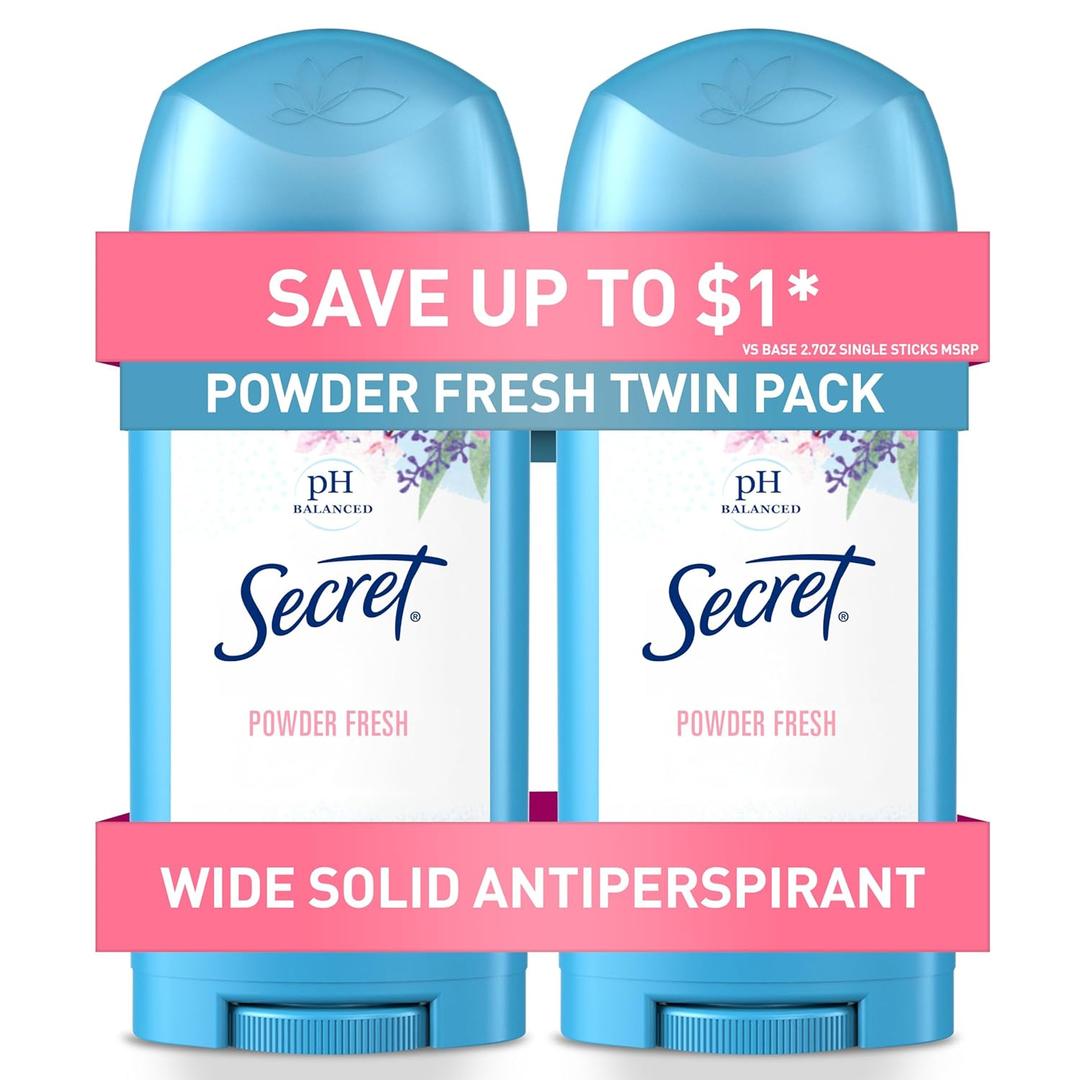 Secret Antiperspirant and Deodorant for Women, 24hr Sweat & Odor Protection, PH Balanced Protection, Gentle on Skin, Wide Solid, Powder Fresh Scent, 2.7 oz (Count of 1)