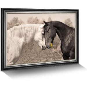 Farm Horse Canvas Wall Art: Large Framed Black and White Horses Portrait Prints Friendly Couple Steeds Picture Nature Ranch Animals Head Painting Horizontal Sweet Wildlife Artwork for Living Room