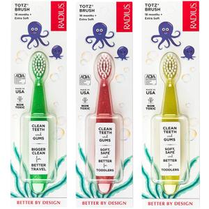 RADIUS Children's Toothbrush, Totz Brush, Extra Soft Bristles, Green/Coral/Yellow, BPA Free & ADA Accepted, Designed for Delicate Teeth & Gums for Children 18 Months & Up, Pack of 3