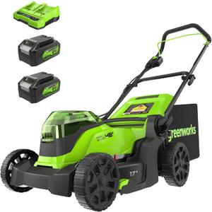 Greenworks 48V (24V x 2) 17" Brushless Cordless Push Lawn Mower, Includes (2) 4.0Ah Batteries and Dual Port Rapid Charger((200+ Compatible Tools, 45Min Runtime)