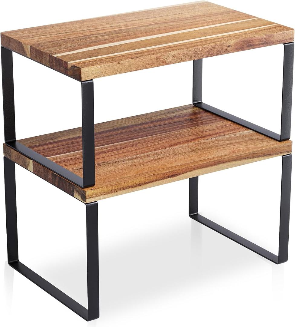 Cabinet Organizer Shelf Set of 2, Kitchen Counter Shelves,Acacia Wood Spice Rack for Countertop and Cabine Stackable and Expandable,Kitchen Organizer and Storage,Medium(Natual)